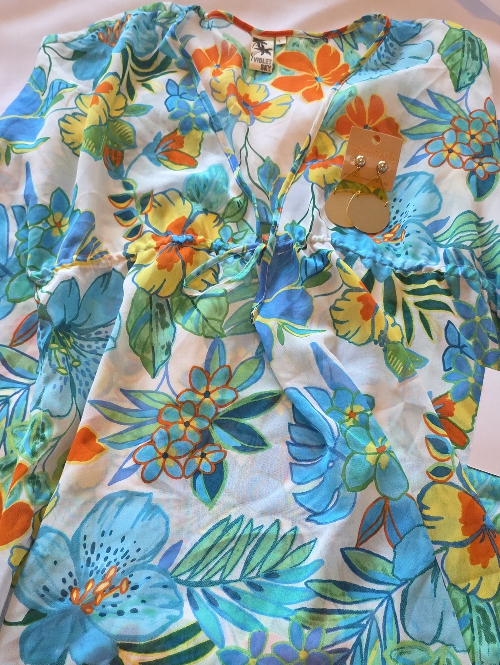 Violet & Sky Floral Beach Coverup - Blue, Green & Orange Plus Cute Earrings